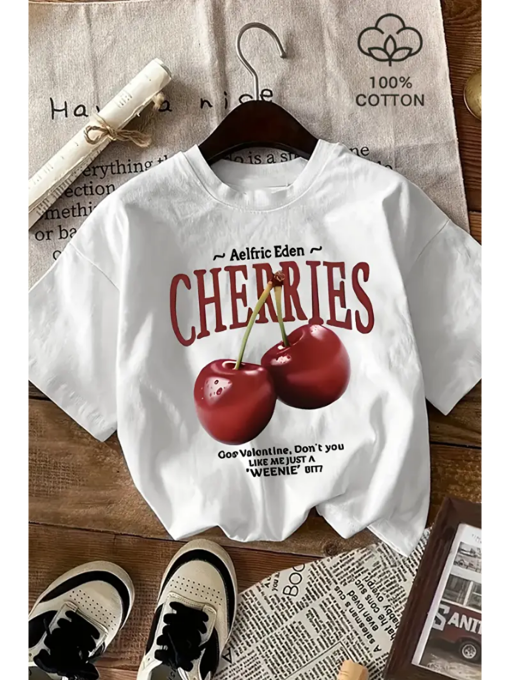 Kadın Beyaz Cherry Baskılı Regular Bisiklet Yaka T-Shirt-1