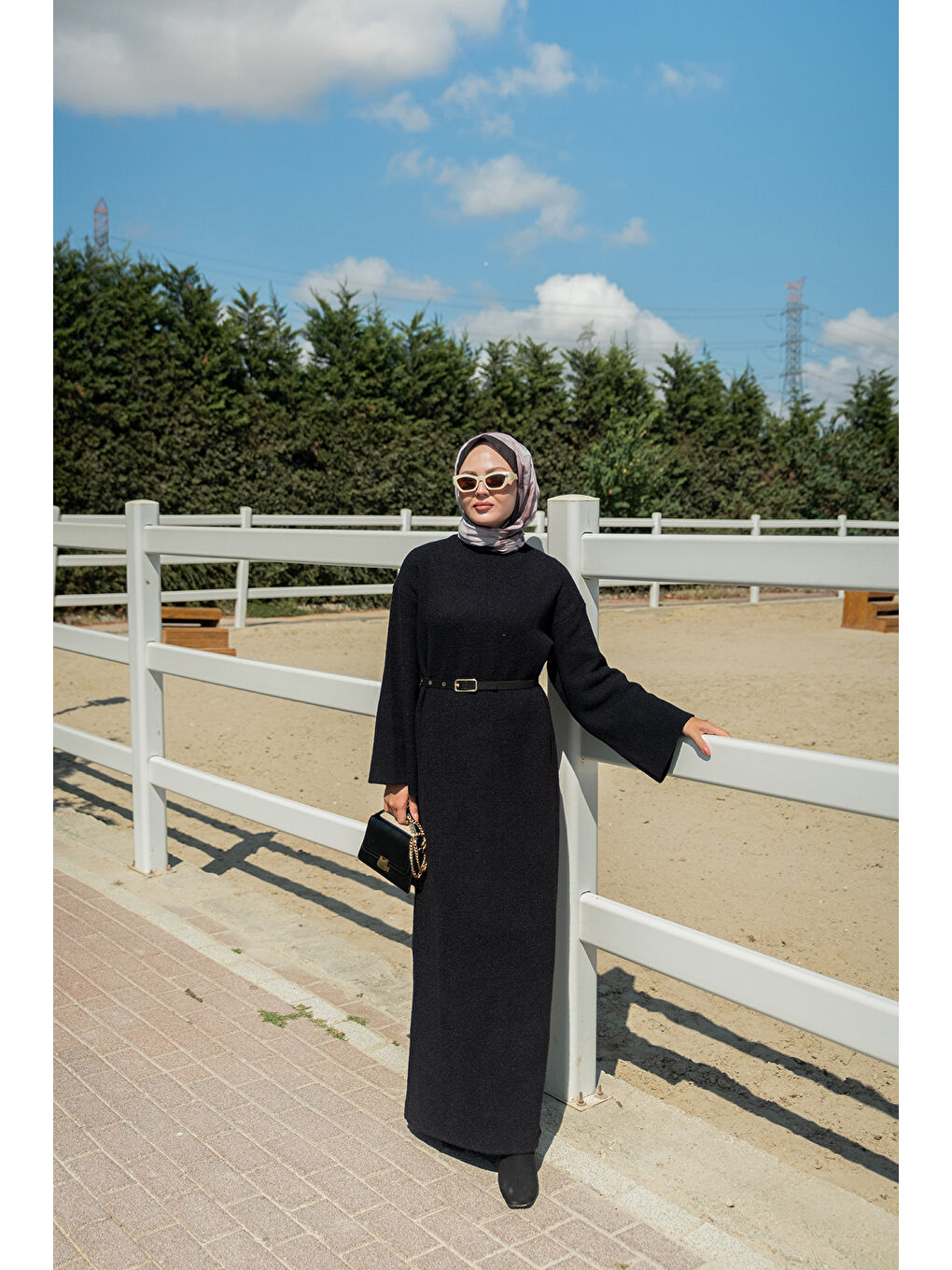 Kadın Kemerli Triko Elbise Siyah