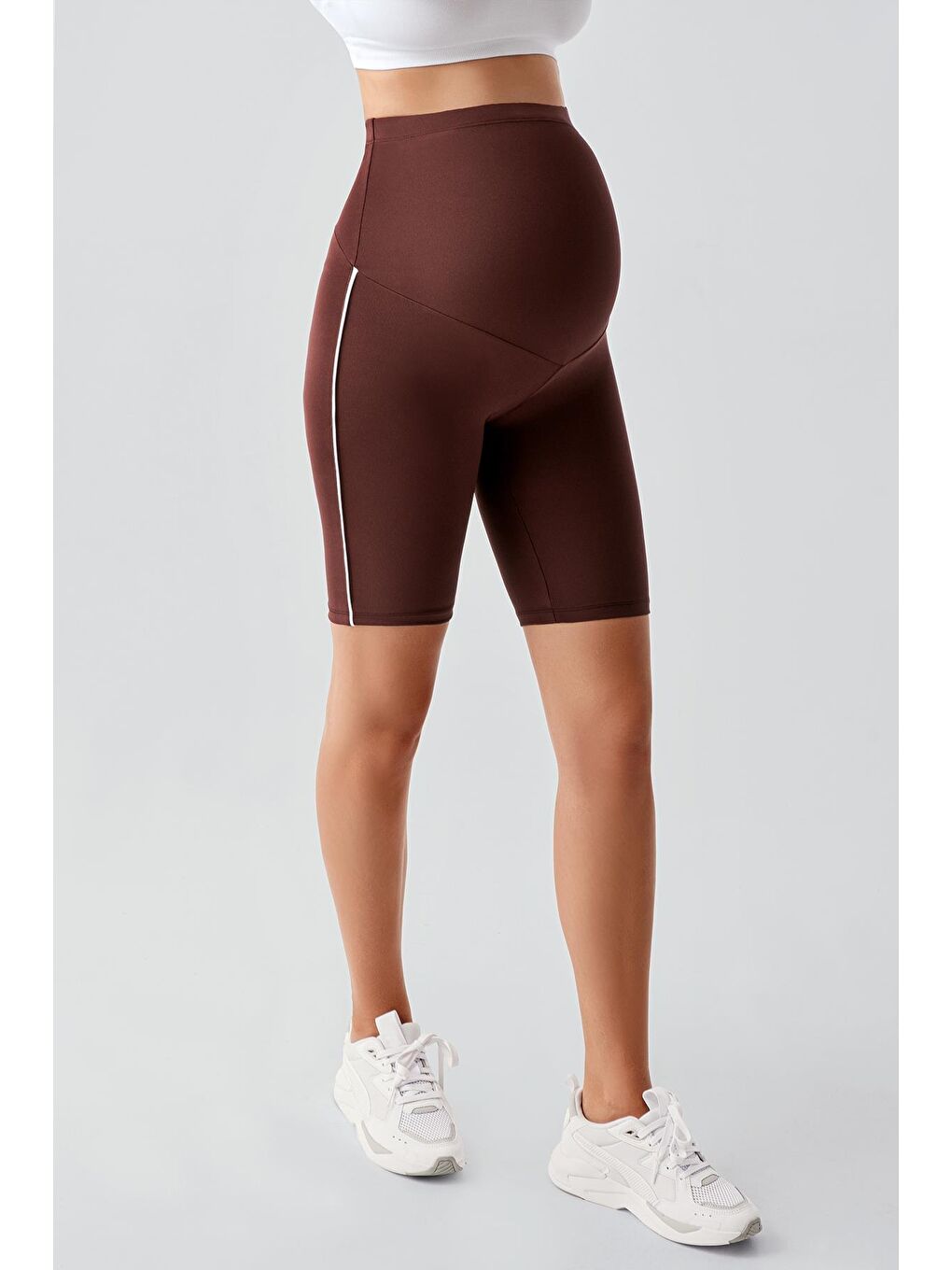 Kahverengi Biyeli Diz Üstü Biker Esnek Ayarlanabilir Bel Hamile Tayt T27-2