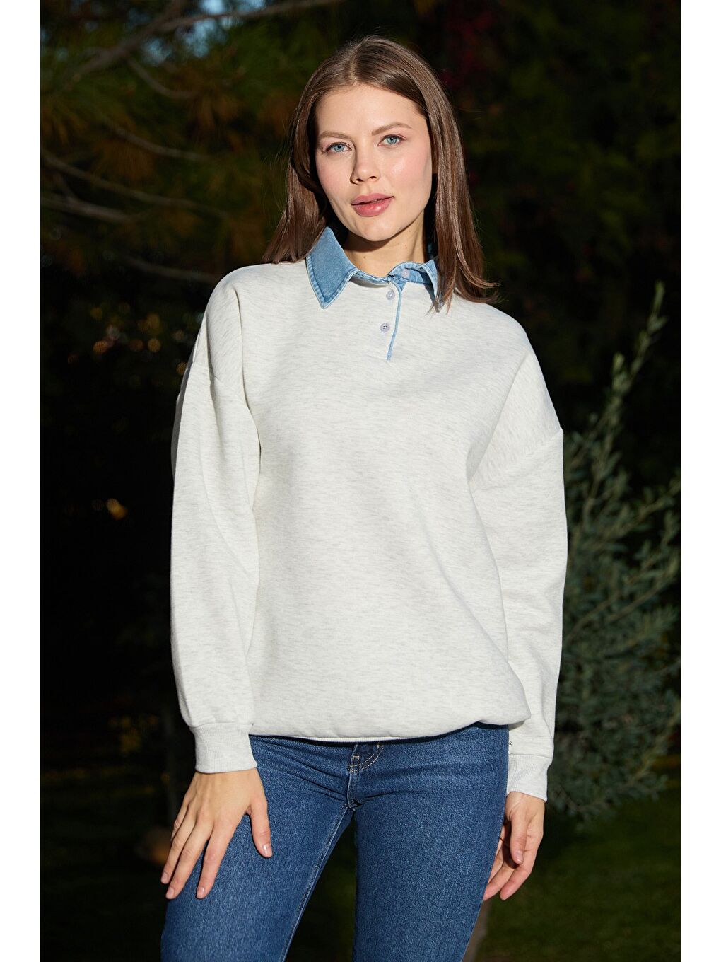 Gri 3 İplik Jean Garnili Gömlek Yaka Oversize Sweatshirt-1