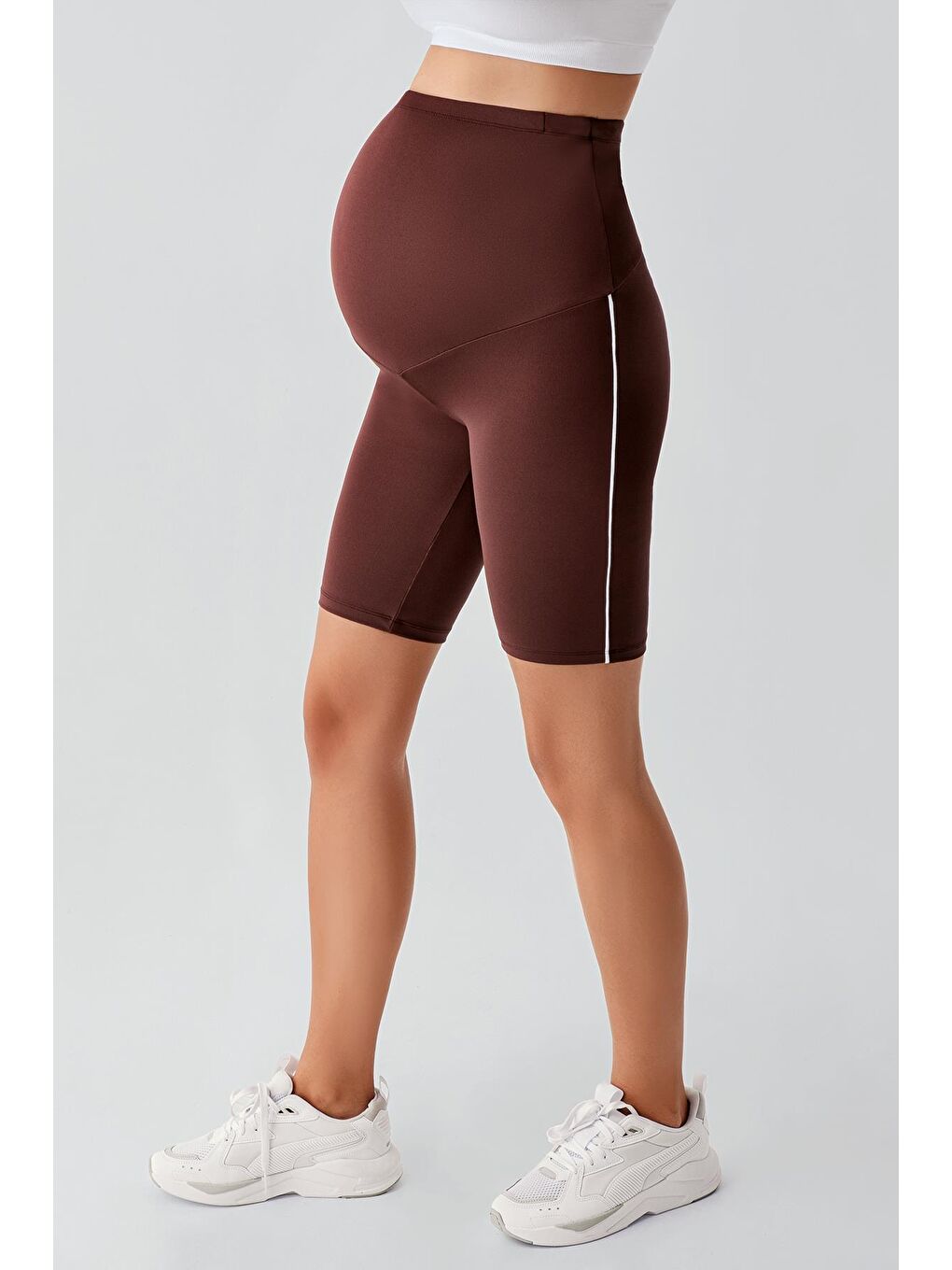 Kahverengi Biyeli Diz Üstü Biker Esnek Ayarlanabilir Bel Hamile Tayt T27-3