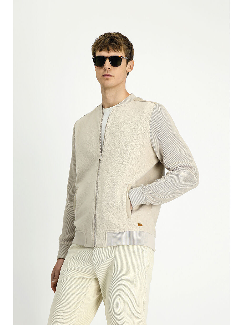 Bej Pamuklu   Erkek Polar Fermuarlı Sweatshirt Hırka Sweat Hırka-4