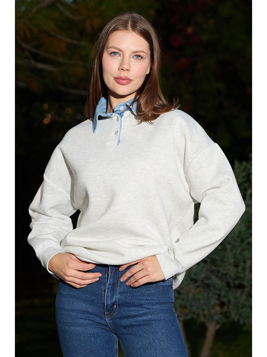 Gri 3 İplik Jean Garnili Gömlek Yaka Oversize Sweatshirt-2