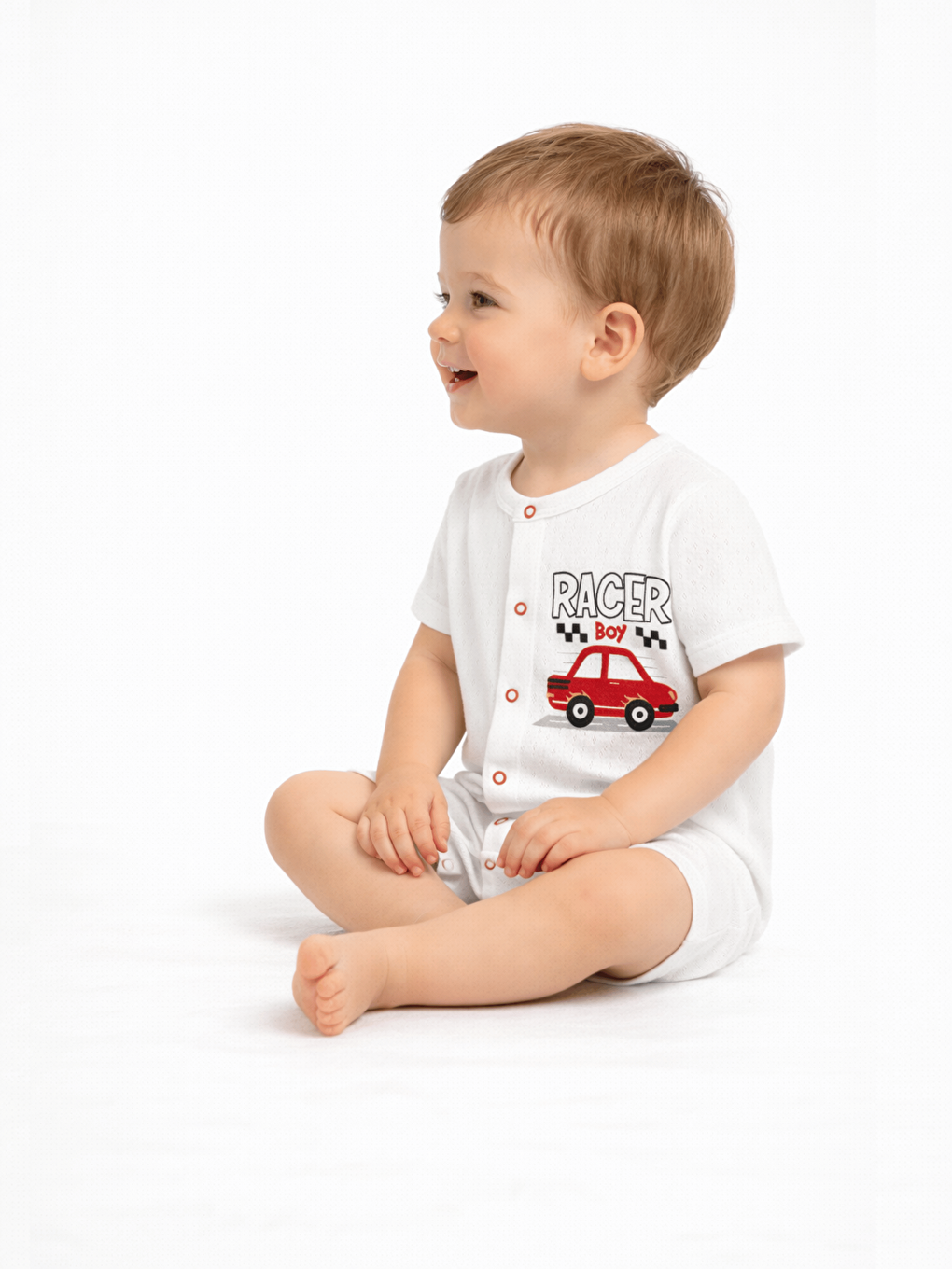 Ekru Bisiklet Yaka Baskılı Erkek Bebek Jakarlı Kısa Tulum-1