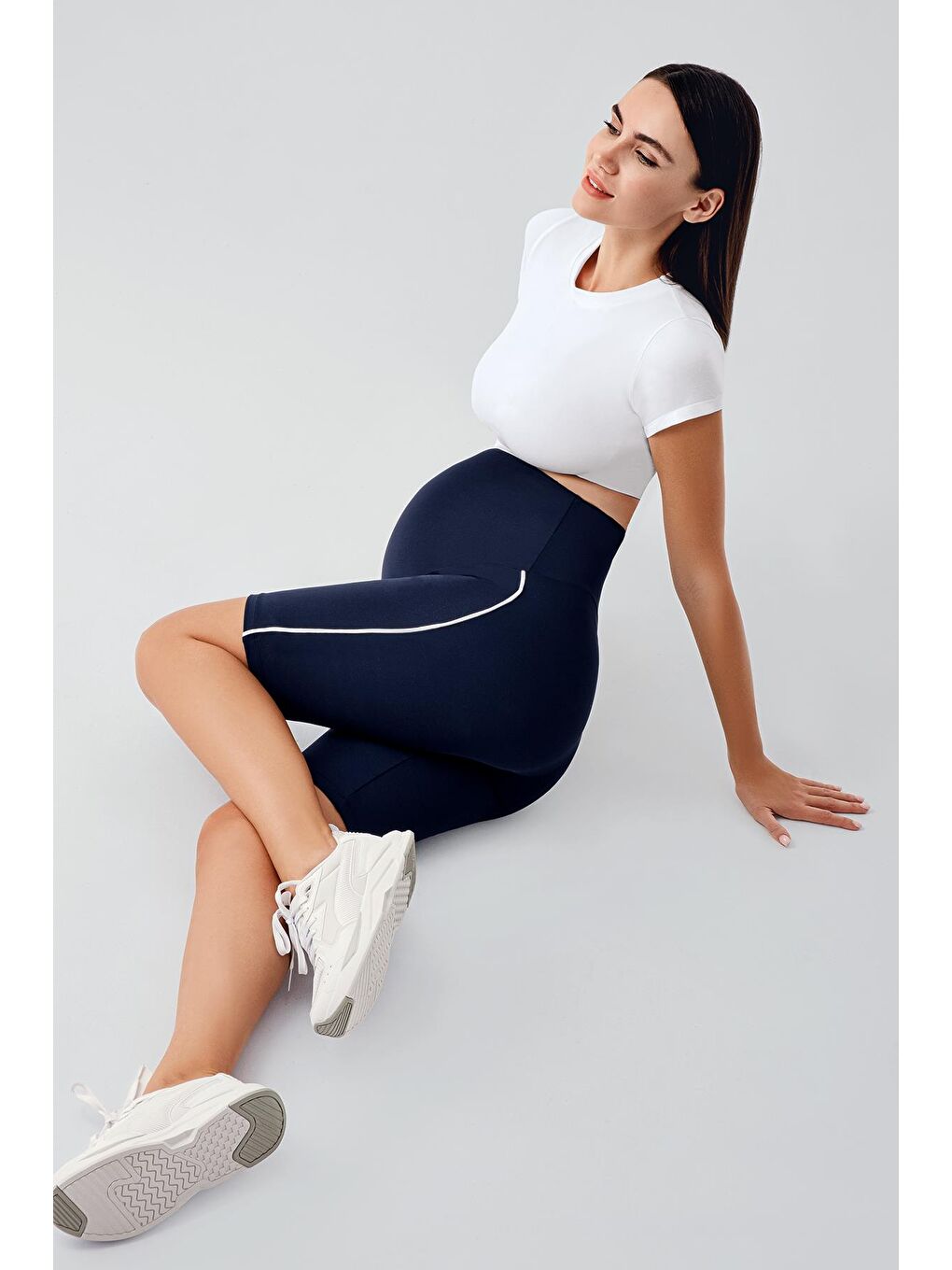 Lacivert Biyeli Diz Üstü Biker Esnek Ayarlanabilir Bel Hamile Tayt T27-1