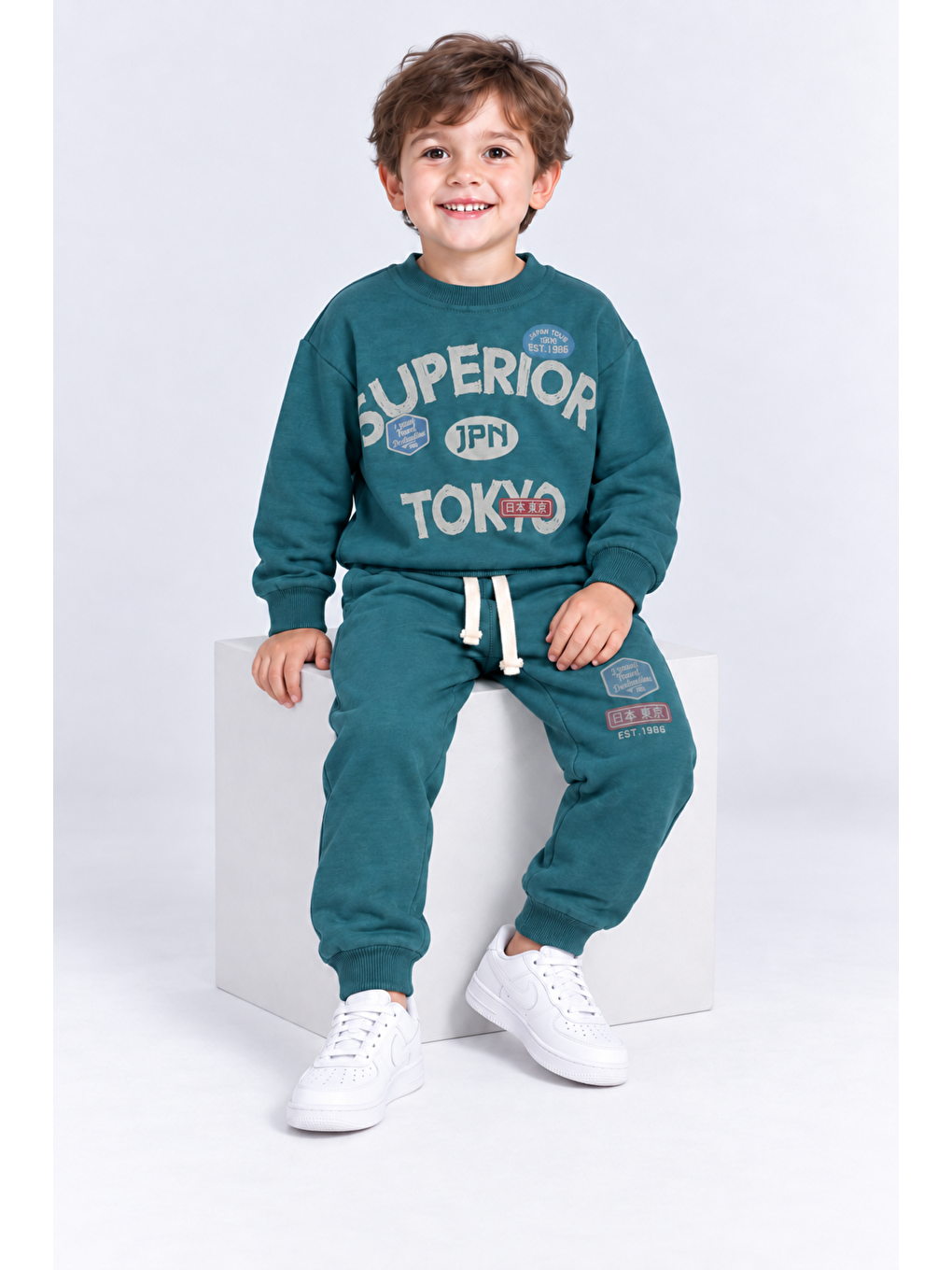 Yeşil Erkek Çocuk Superior Tokyo Baskılı 2 Li Eşofman Takımı Günlük Pamuklu Alt Üst Set Ak116-2