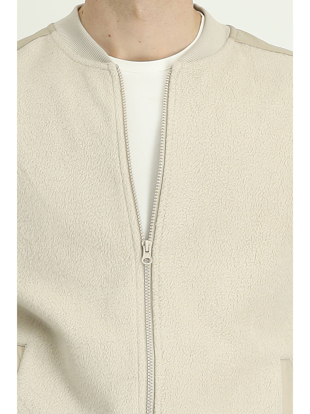 Bej Pamuklu   Erkek Polar Fermuarlı Sweatshirt Hırka Sweat Hırka-6