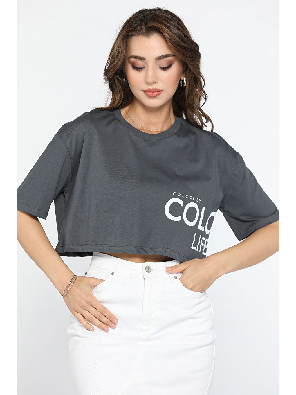 Gri Baskılı Bisiklet Yaka Kadın Tişört