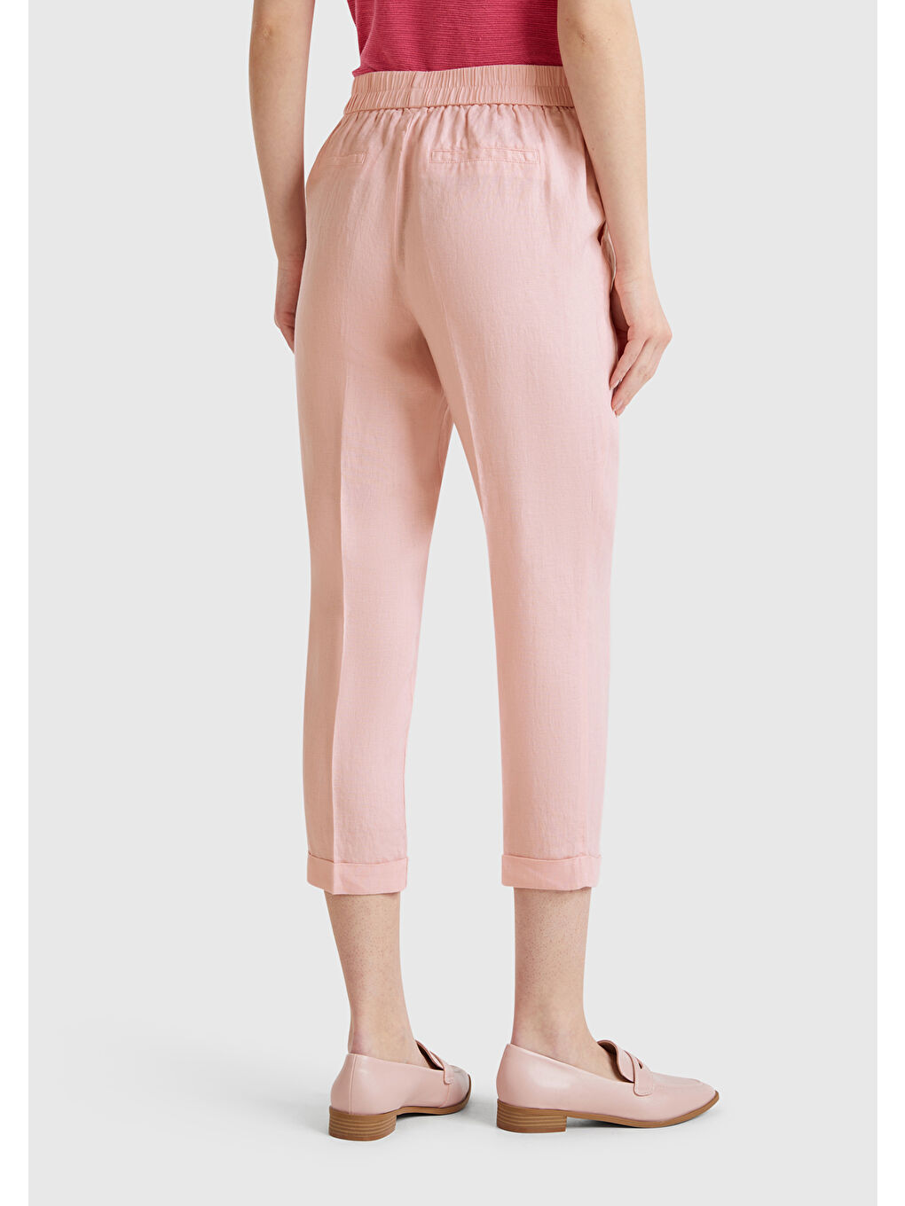 Kadın Pembe %100 Keten Beli Lastikli Pantolon-1