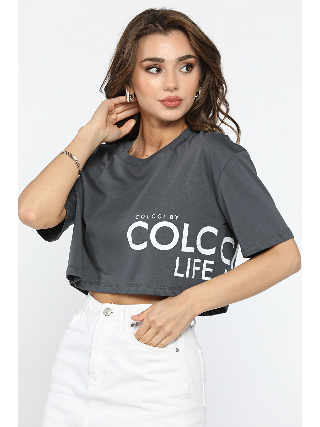 Gri Baskılı Bisiklet Yaka Kadın Tişört-1