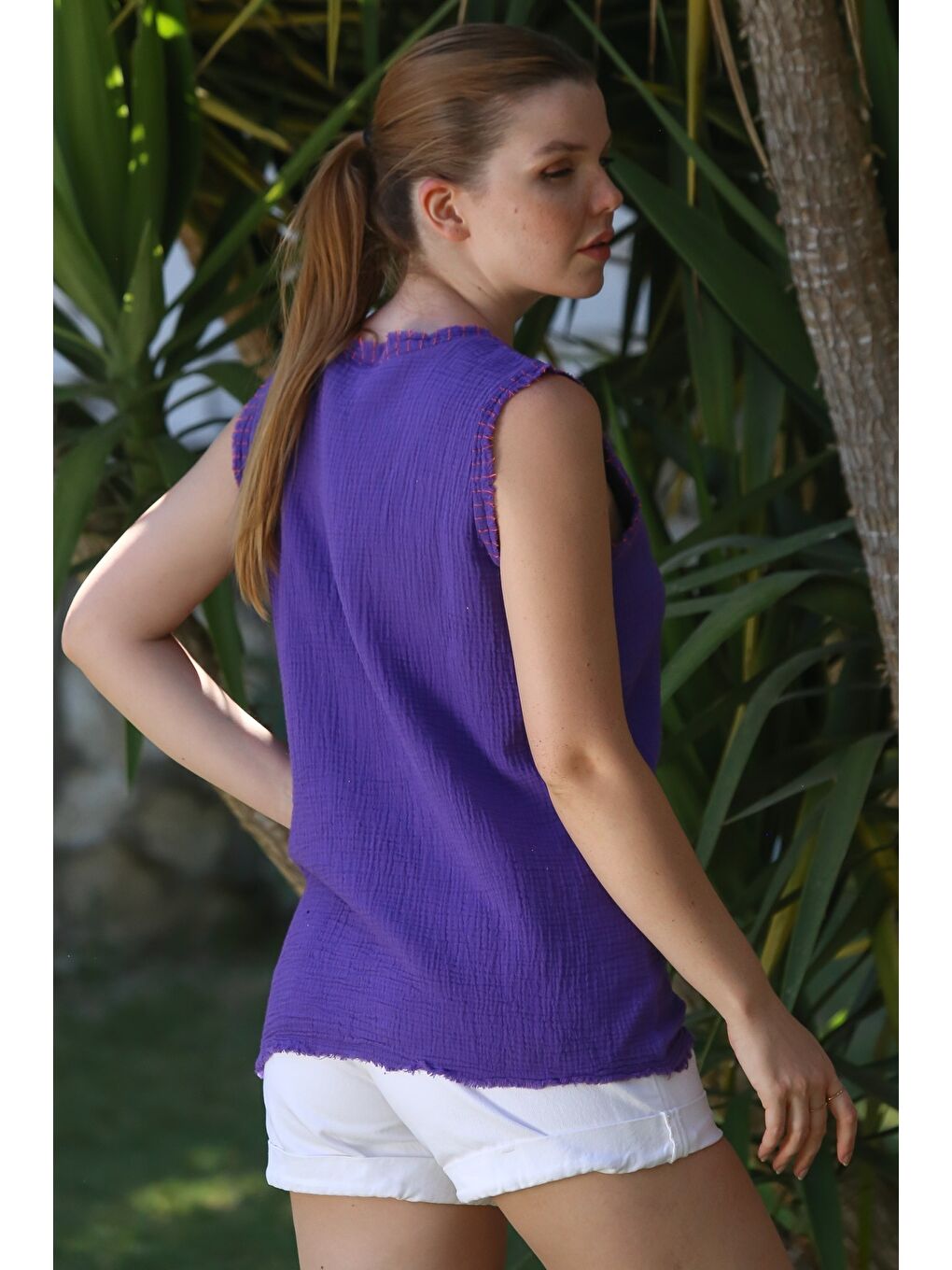 Organik Pamuk Mor Yuvarlak Yaka Kolsuz Yıkamalı Pis Dikişli Casual Müslin Dokuma Bluz 70 60-1