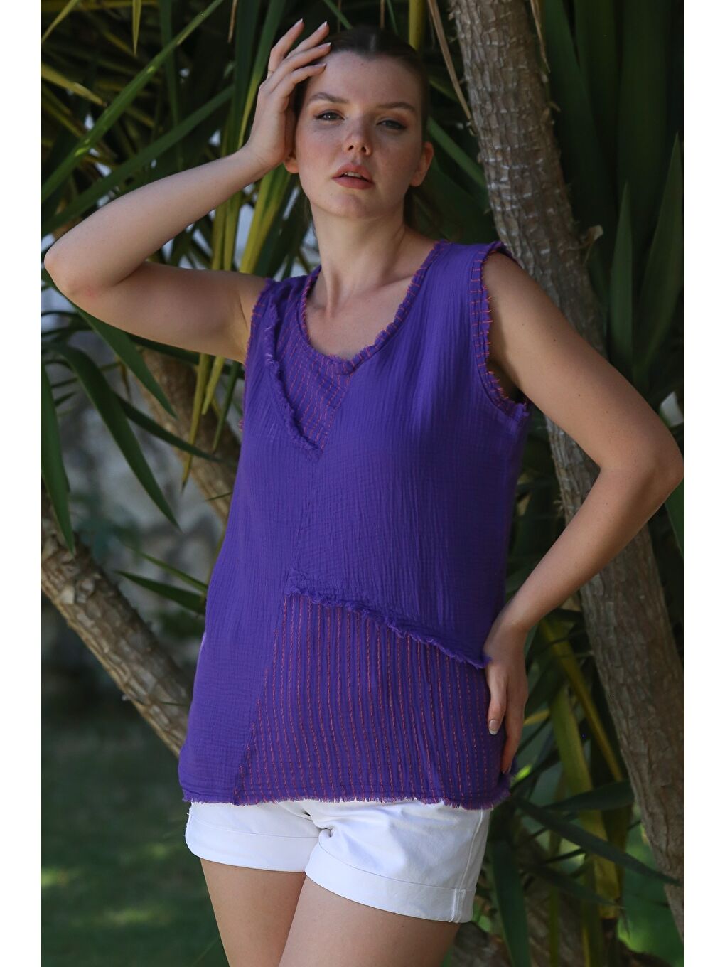 Organik Pamuk Mor Yuvarlak Yaka Kolsuz Yıkamalı Pis Dikişli Casual Müslin Dokuma Bluz 70 60-2