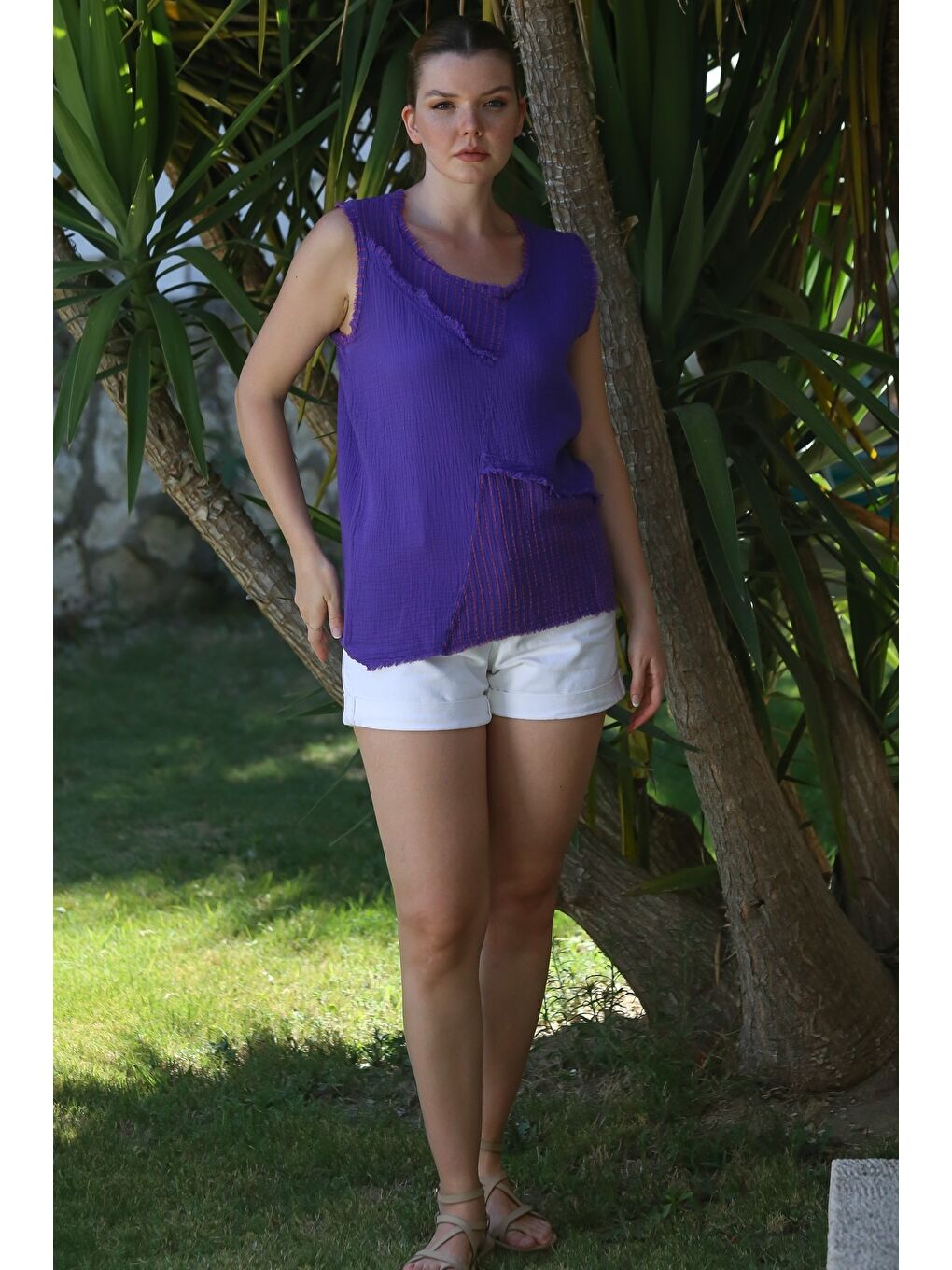 Organik Pamuk Mor Yuvarlak Yaka Kolsuz Yıkamalı Pis Dikişli Casual Müslin Dokuma Bluz 70 60-3