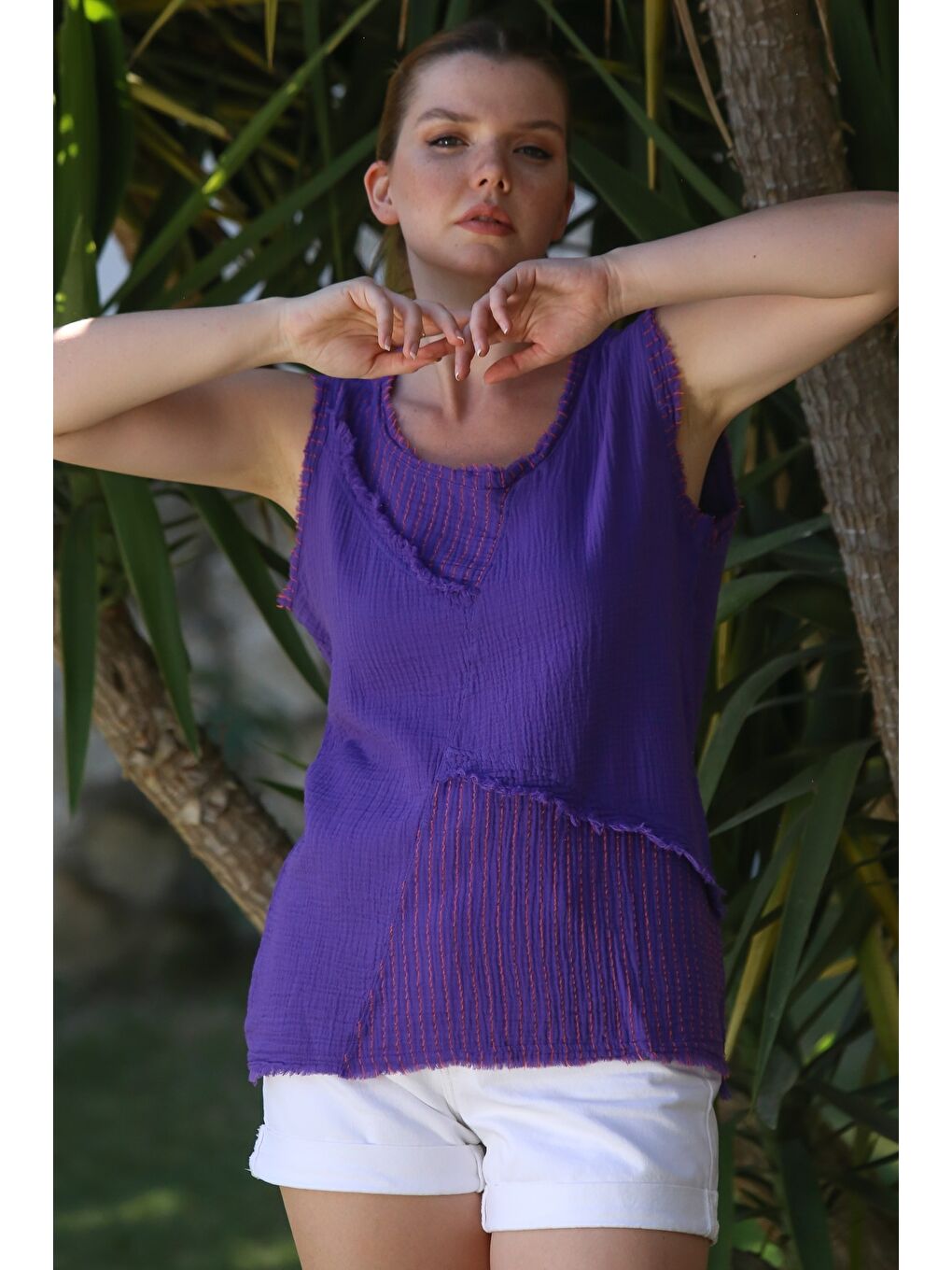 Organik Pamuk Mor Yuvarlak Yaka Kolsuz Yıkamalı Pis Dikişli Casual Müslin Dokuma Bluz 70 60-4