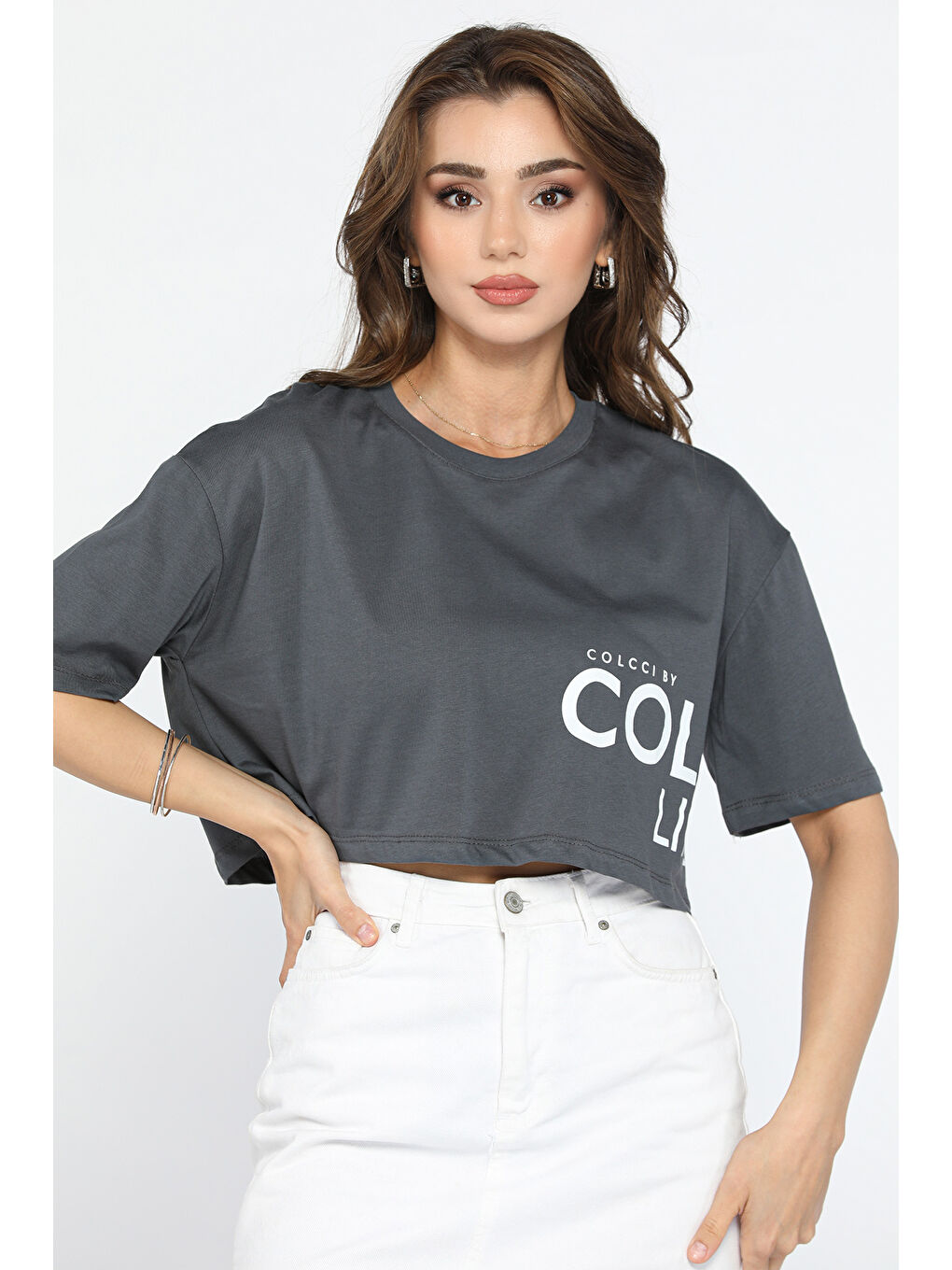 Gri Baskılı Bisiklet Yaka Kadın Tişört-2