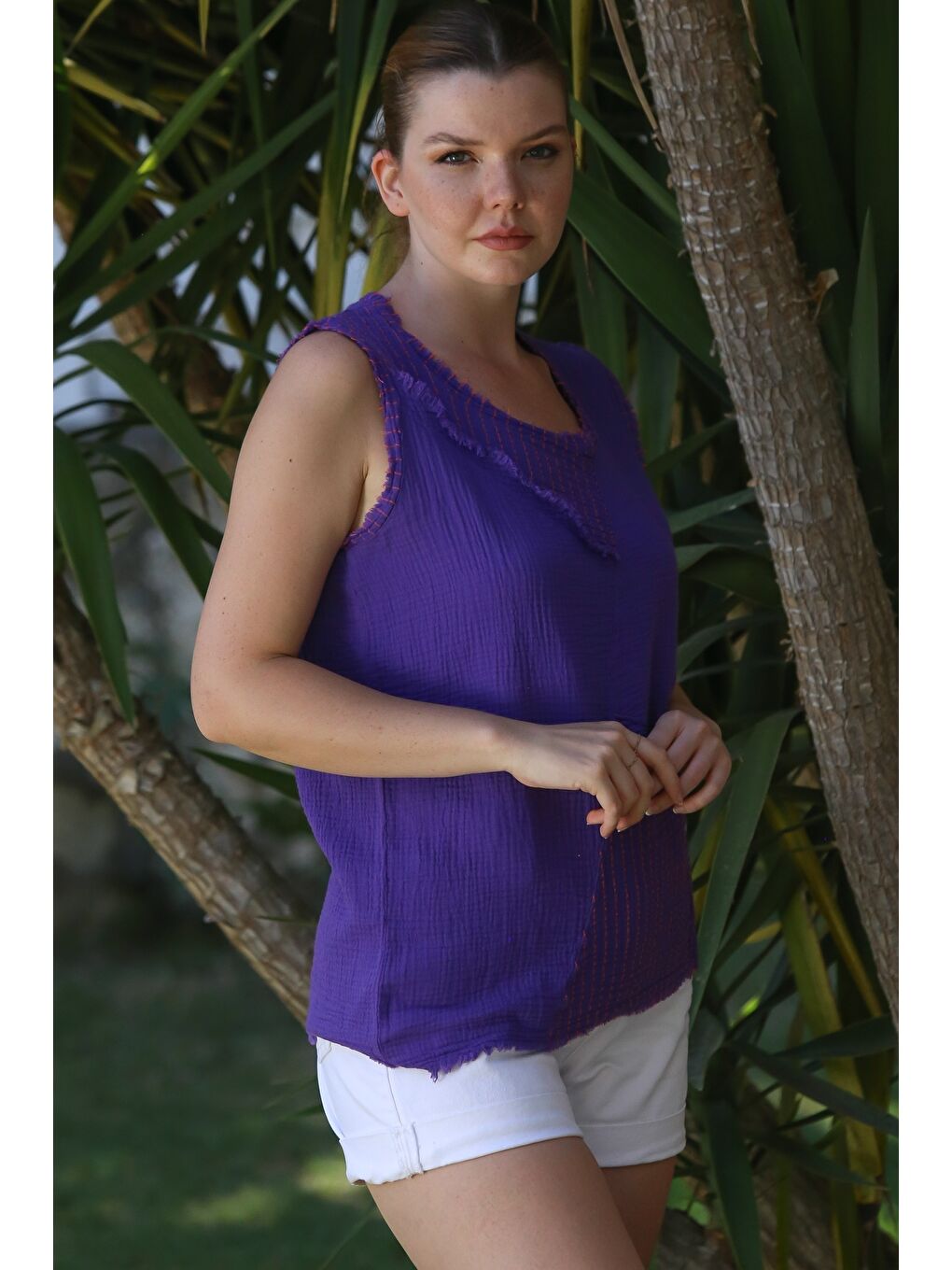 Organik Pamuk Mor Yuvarlak Yaka Kolsuz Yıkamalı Pis Dikişli Casual Müslin Dokuma Bluz 70 60-5