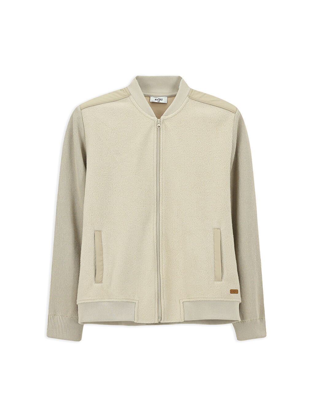 Bej Pamuklu   Erkek Polar Fermuarlı Sweatshirt Hırka Sweat Hırka-7