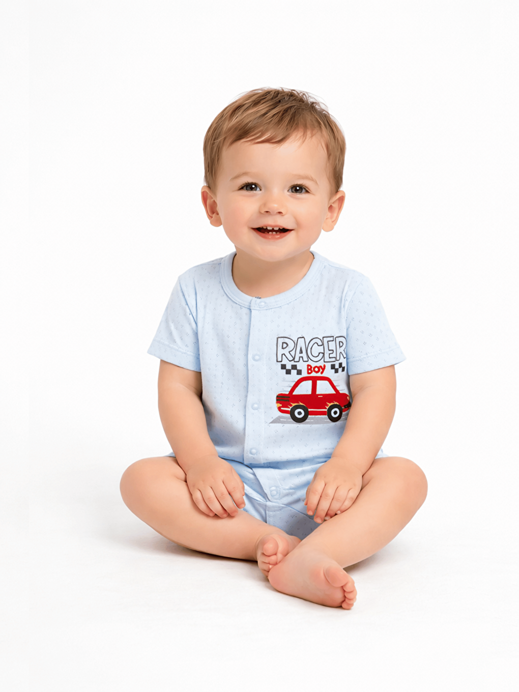 Mavi Bisiklet Yaka Baskılı Erkek Bebek Jakarlı Kısa Tulum-1