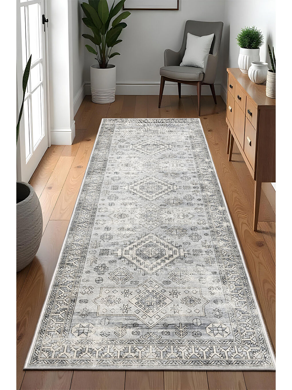 Gri Dekoratif Özel Tasarım Yıkanabilir İnce Kaymaz Tabanlı Modern Halı KECE FR37-4