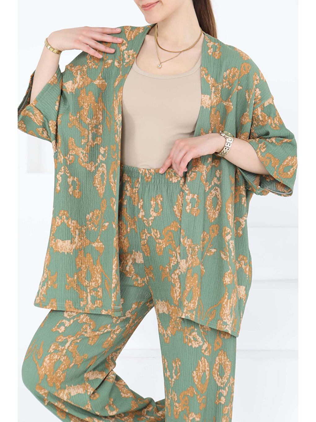 Desenli Kimono Takım Haki - 27287-1