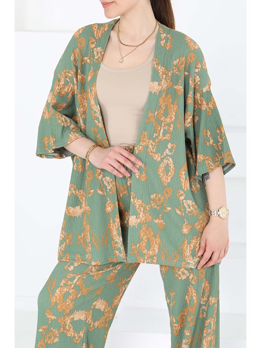 Desenli Kimono Takım Haki - 27287-3