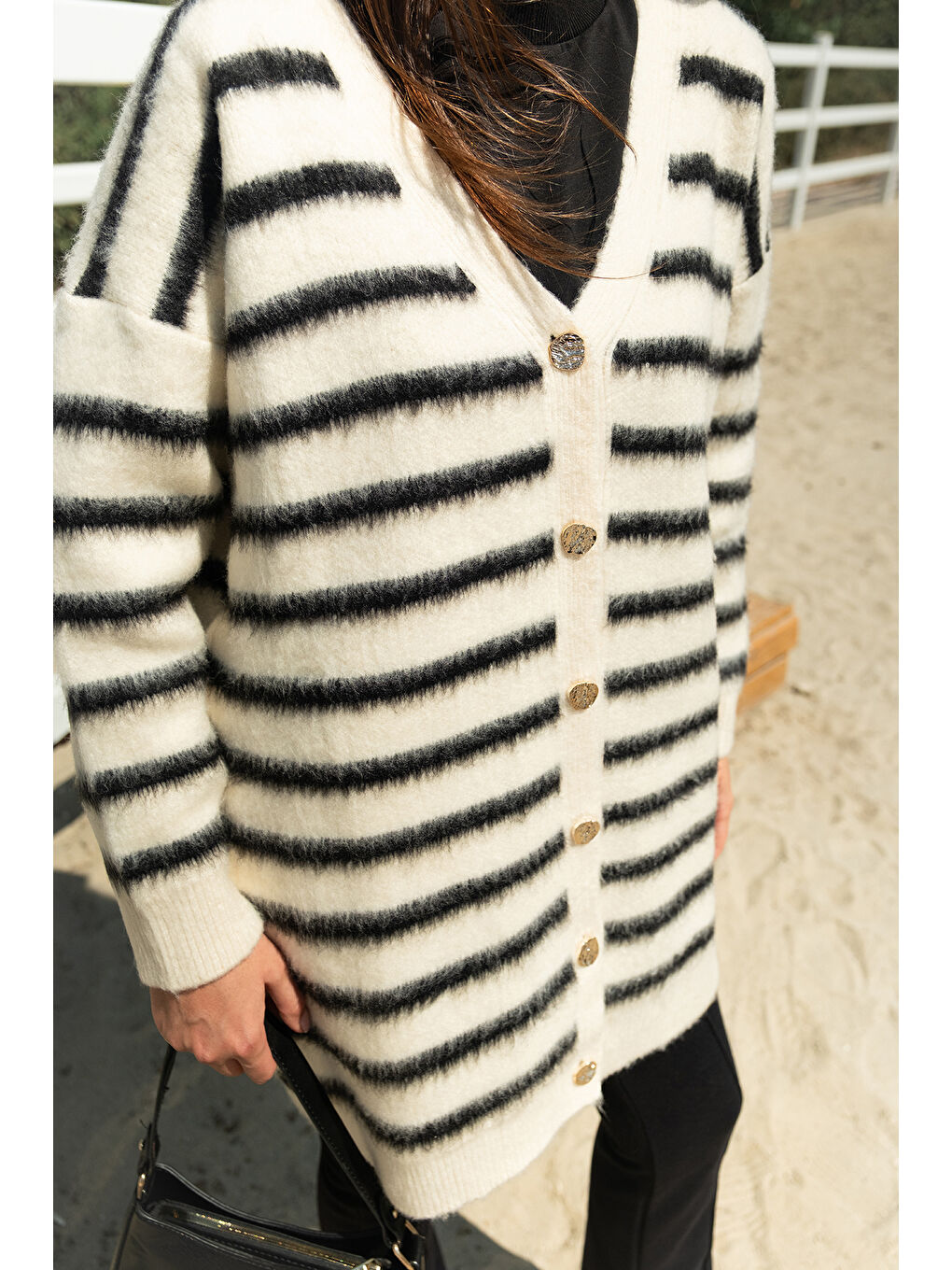 Kadın Çizgili Uzun Triko Ceket Beyaz-4
