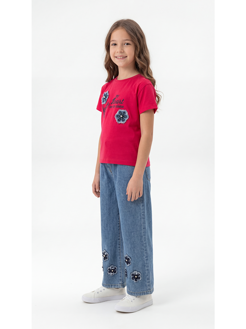Kırmızı Çiçek Aplikeli Kız Çocuk Tişört-Pantolon Takım-2
