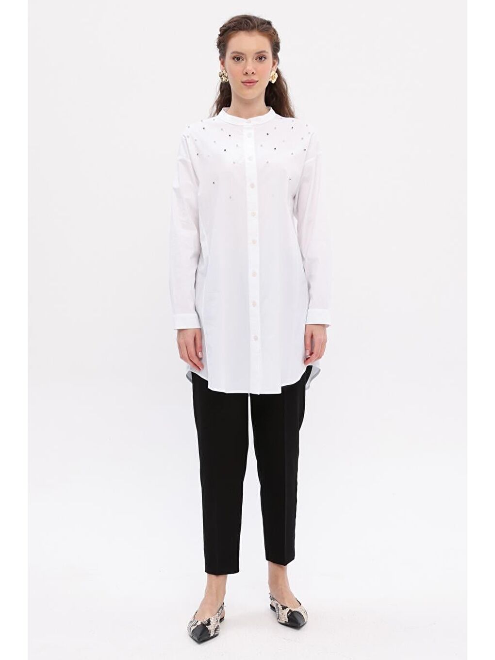 Beyaz-Pamuklu Taş Detaylı Gömlek Tunik-1