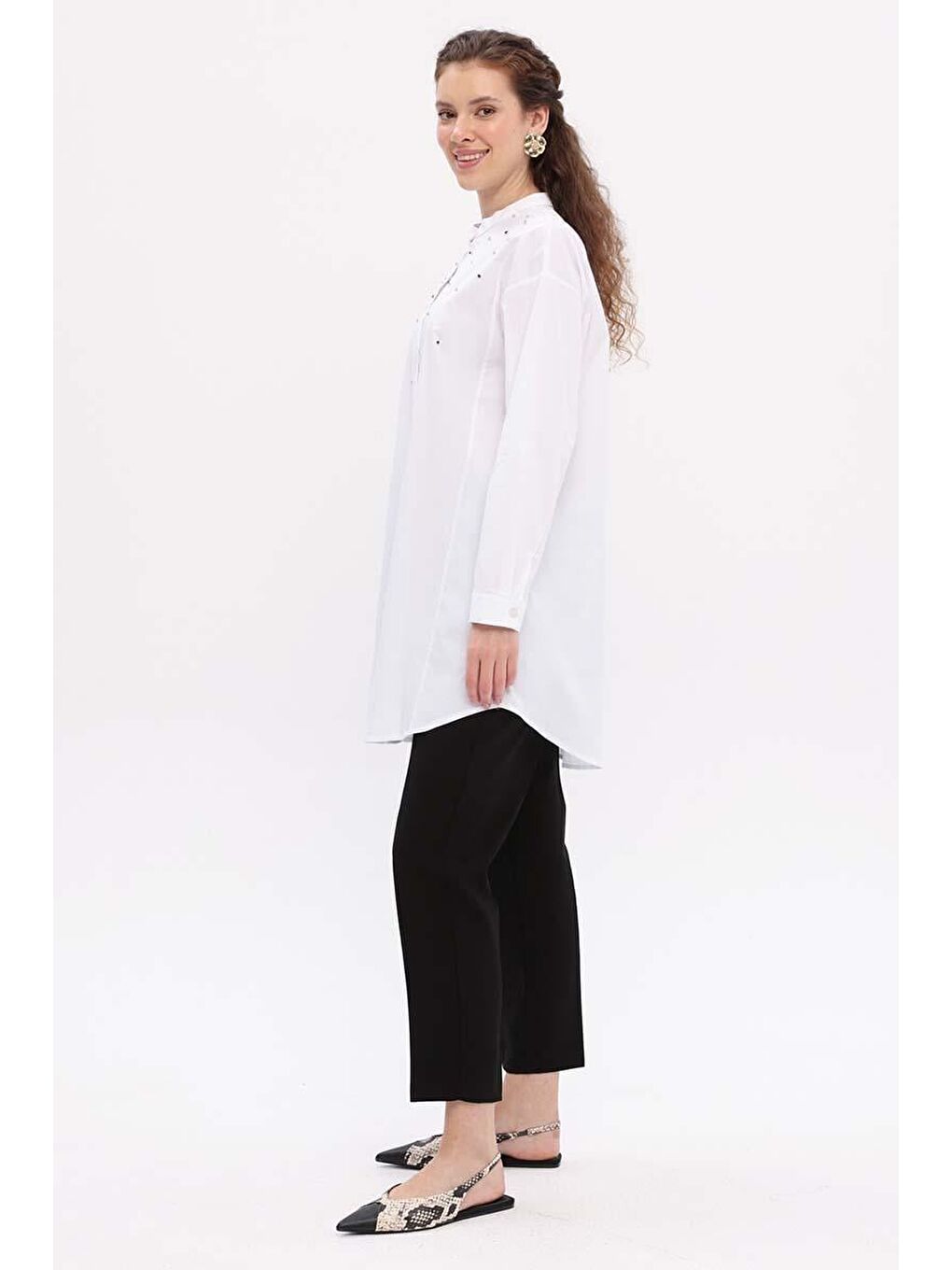 Beyaz-Pamuklu Taş Detaylı Gömlek Tunik-2