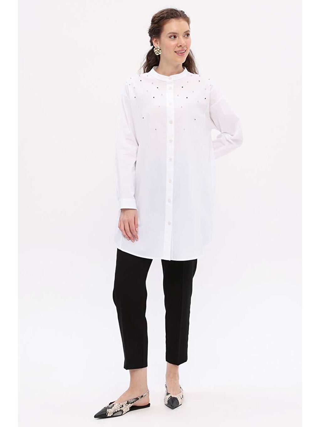 Beyaz-Pamuklu Taş Detaylı Gömlek Tunik-4