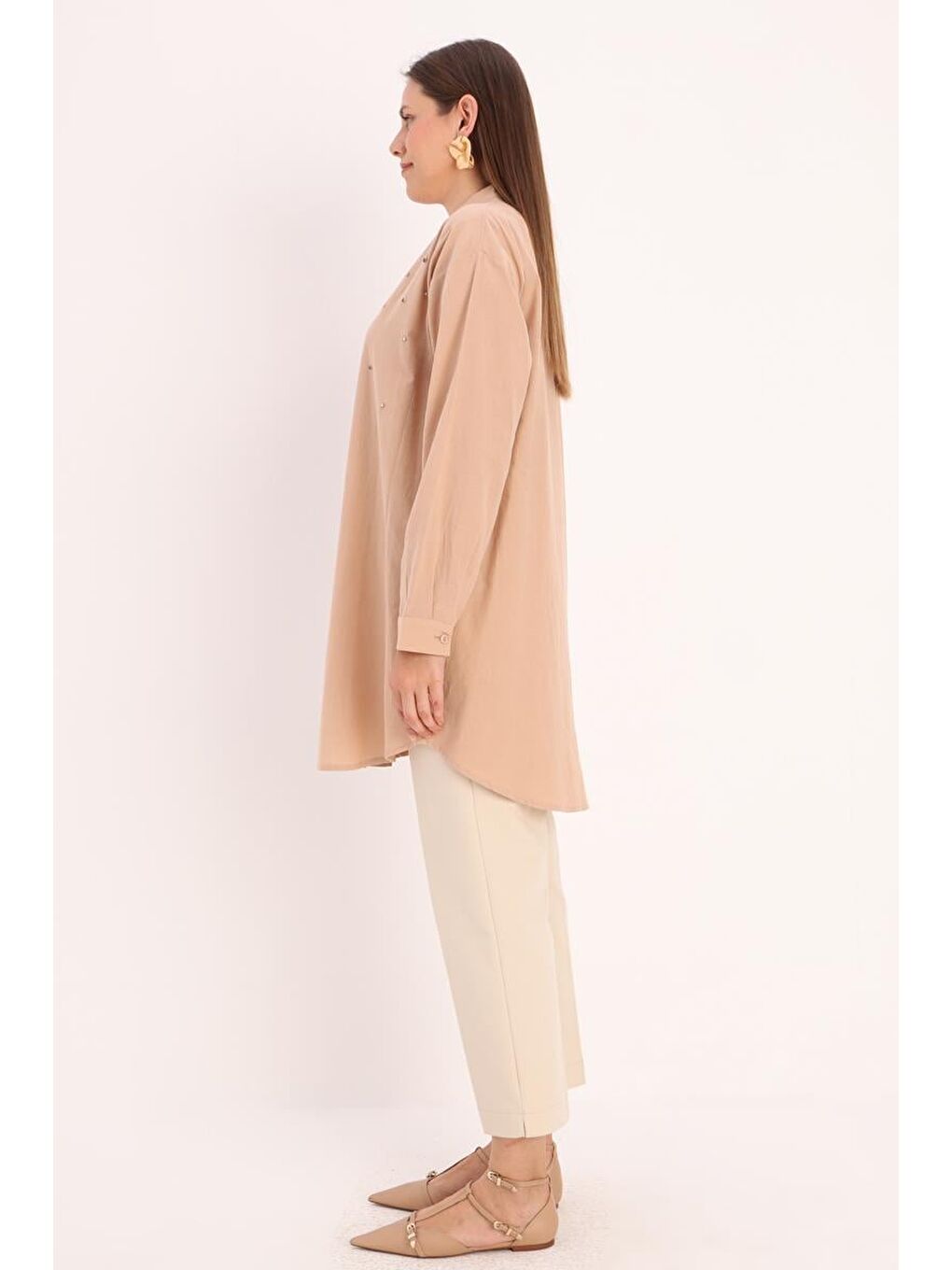 Bej-Pamuklu Taş Detaylı Gömlek Tunik-2