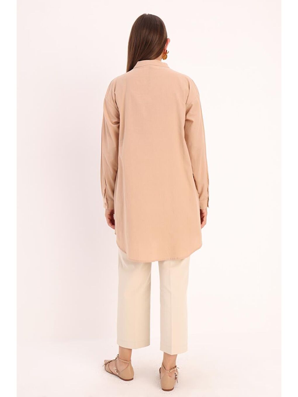 Bej-Pamuklu Taş Detaylı Gömlek Tunik-3