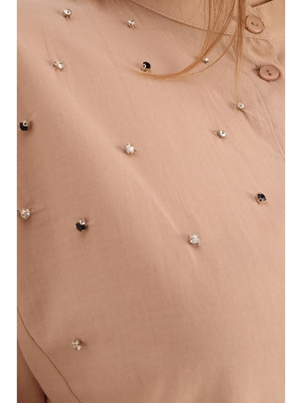 Bej-Pamuklu Taş Detaylı Gömlek Tunik-4