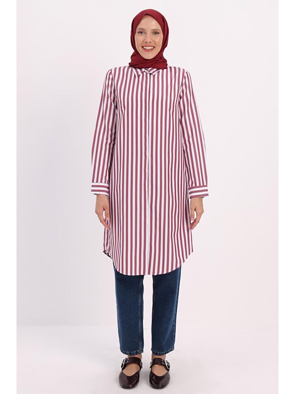 Bordo-Beyaz-Gizli Patlı Gömlek Tunik