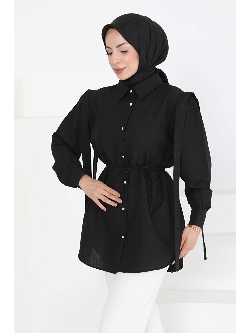 Omuz Bağlama Detaylı Tunik Siyah - 27195