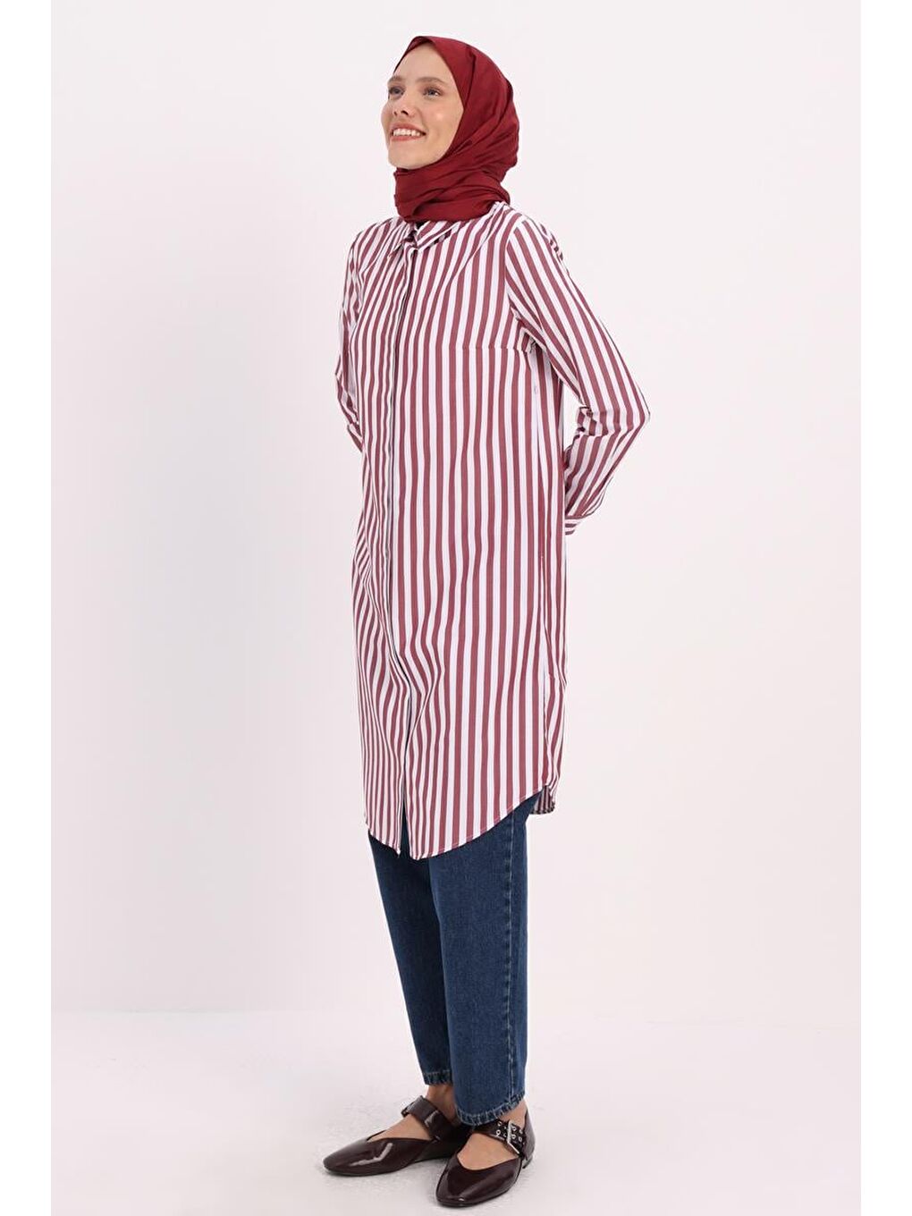 Bordo-Beyaz-Gizli Patlı Gömlek Tunik-1