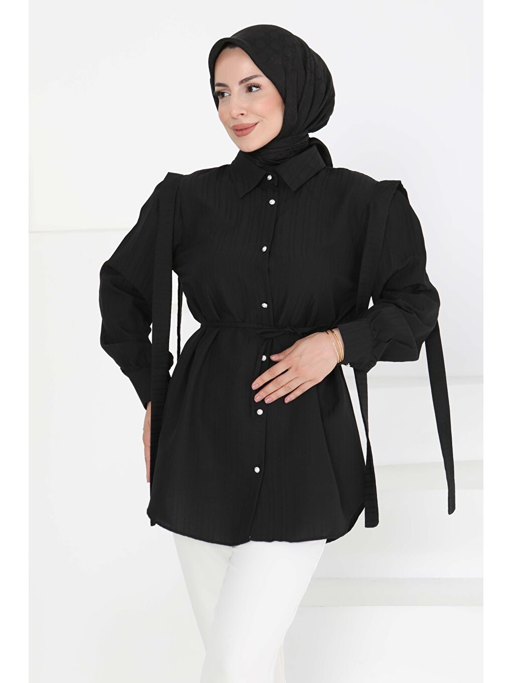 Omuz Bağlama Detaylı Tunik Siyah - 27195-1