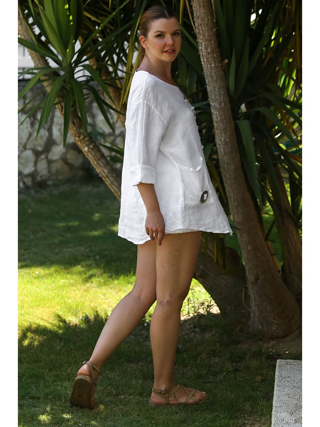 İtalyan Beyaz Havuz Yaka 3/4 Kol Düğmeli Cepli Casual Keten Asimetrik Dokuma Bluz 75 66-5