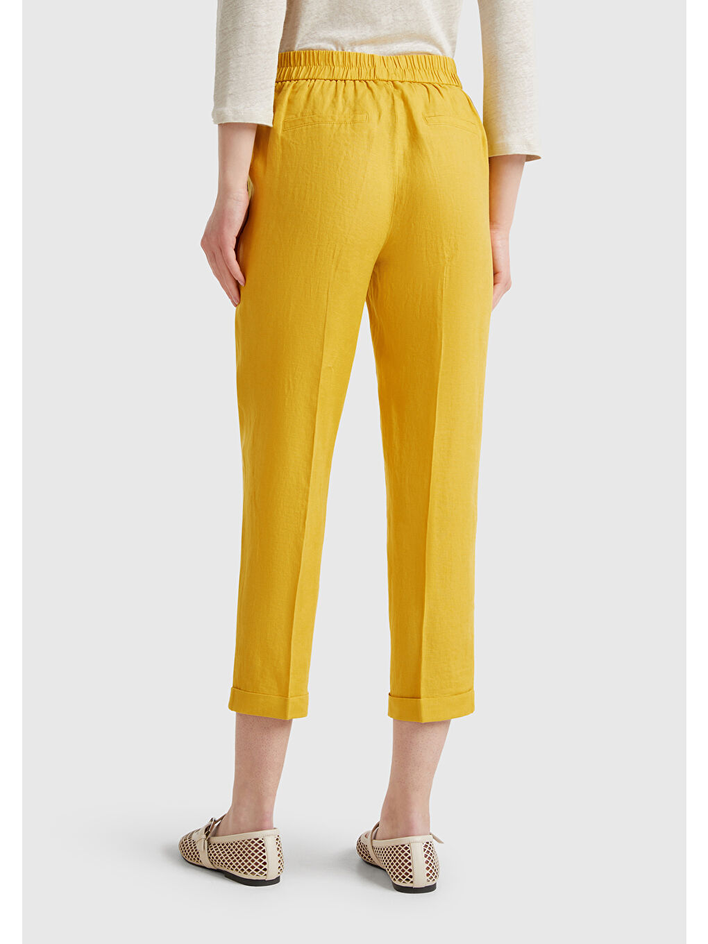 Kadın Sarı %100 Keten Beli Lastikli Pantolon-1