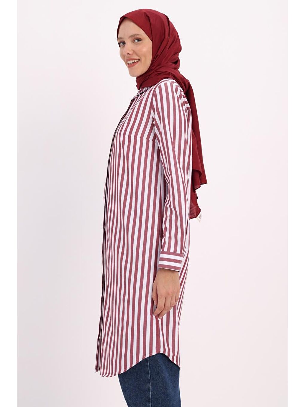 Bordo-Beyaz-Gizli Patlı Gömlek Tunik-2