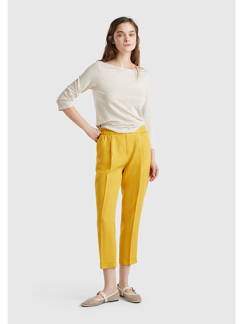 Kadın Sarı %100 Keten Beli Lastikli Pantolon-2