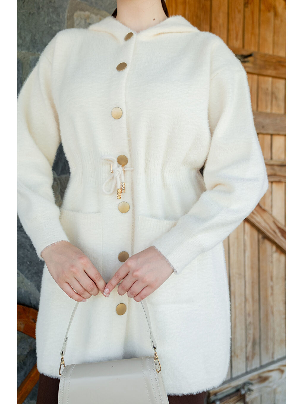 Kadın Kapüşonlu Triko Ceket Bej-3