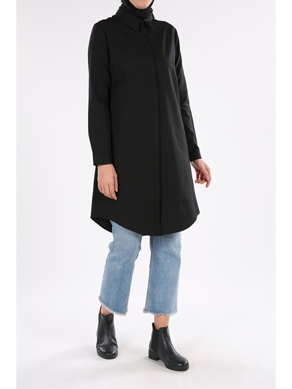Siyah Gizli Patlı Basic Gömlek Tunik