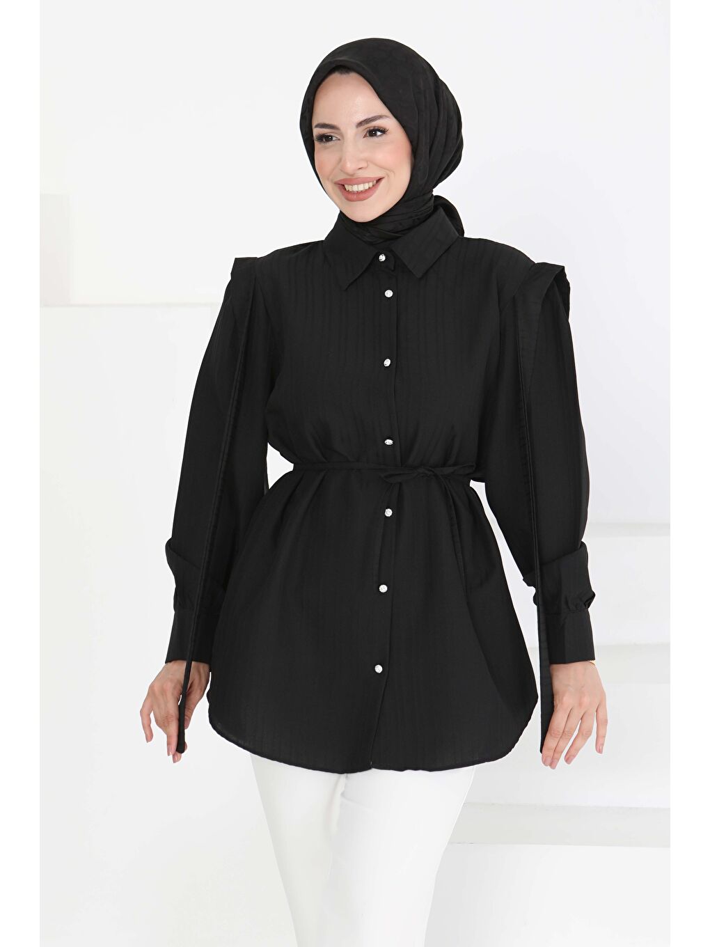 Omuz Bağlama Detaylı Tunik Siyah - 27195-4