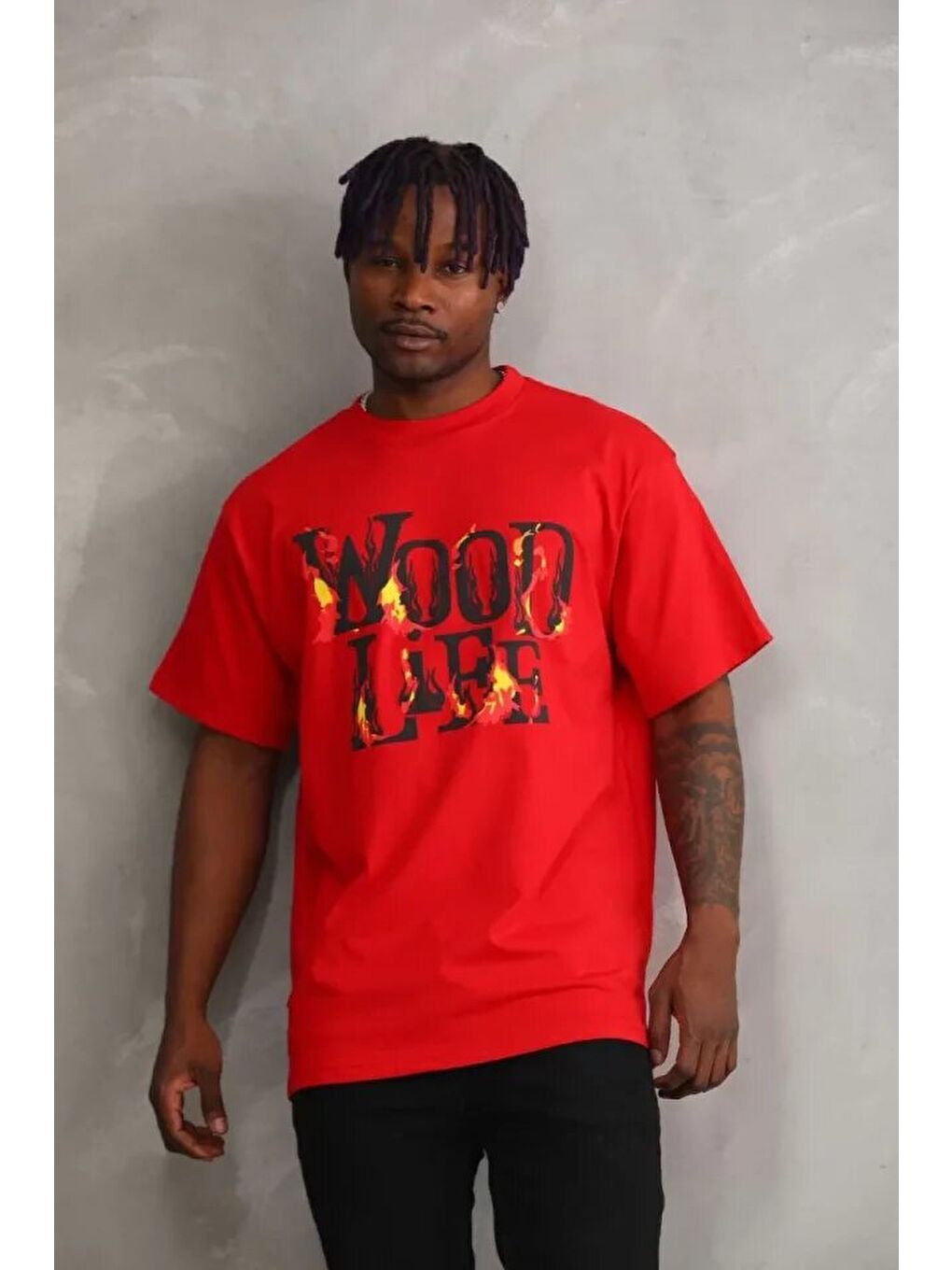 Unisex Baskılı Oversize T-Shirt - Kırmızı