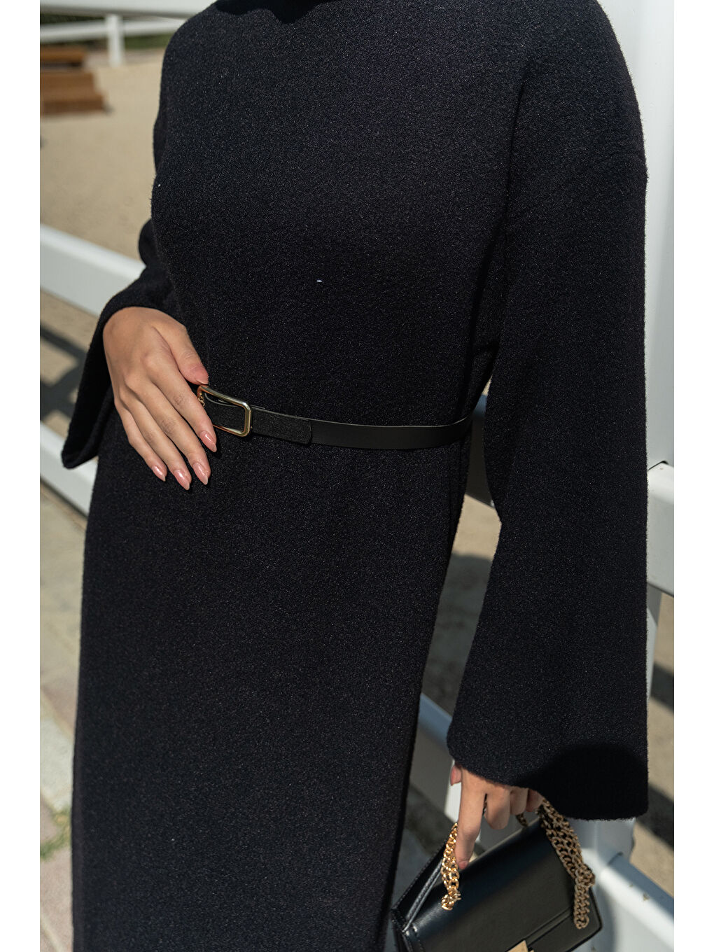 Kadın Kemerli Triko Elbise Siyah-4