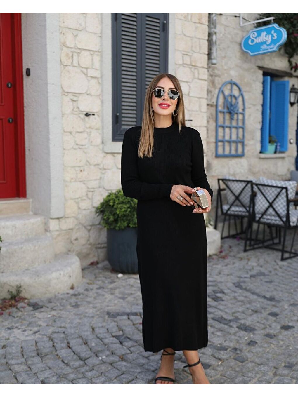 Siyah Kadın Uzun Kollu Yarı Balıkçı Yaka Arkadan Pencere Detaylı Bağcıklı Midi Triko Elbise-2