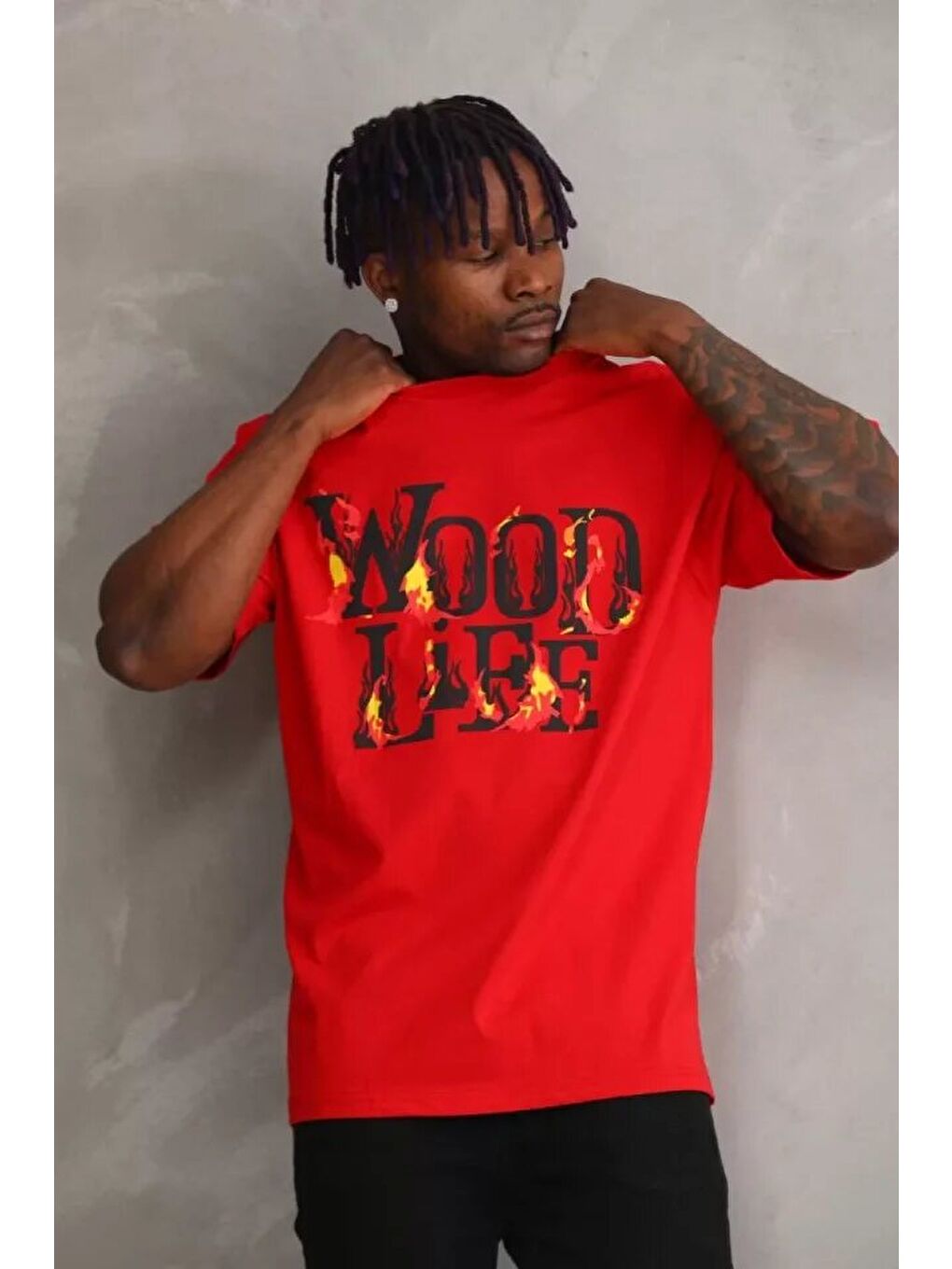 Unisex Baskılı Oversize T-Shirt - Kırmızı-2