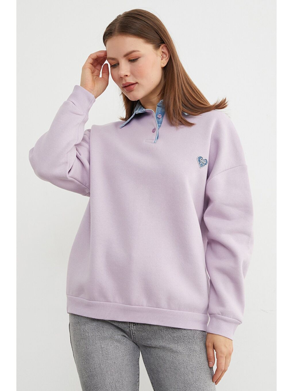 Lila 3 İplik Kalp Nakışlı Polo Yaka Denim Detaylı Sweatshirt-2