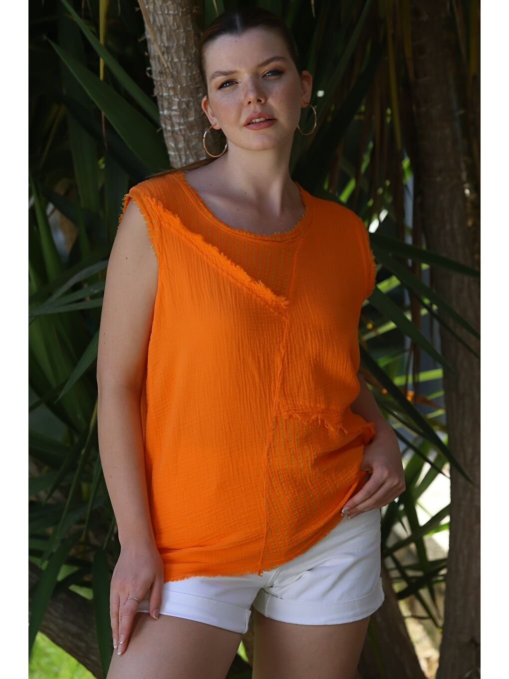 Organik Pamuk Turuncu Yuvarlak Yaka Kolsuz Yıkamalı Pis Dikişli Casual Müslin Dokuma Bluz 70 60